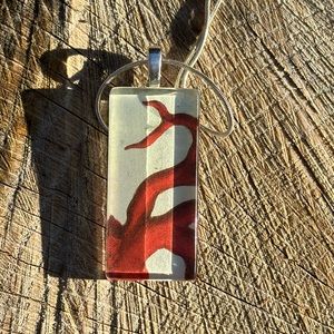 Handmade glass cabochon necklace with vintage red coral art decopauge patten